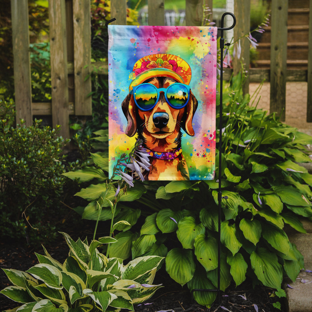 Dachshund Hippie Dawg Garden Flag – Retro Dog with Sunglasses & Multicolored Background