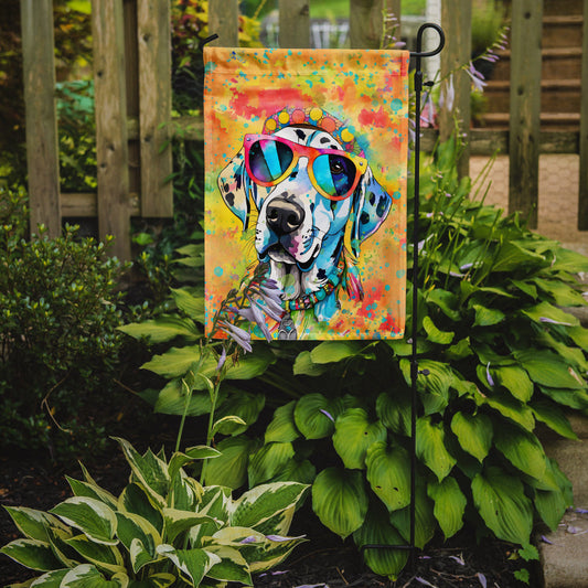 Dalmatian Hippie Dawg Garden Flag – Retro Dog with Sunglasses & Multicolored Background