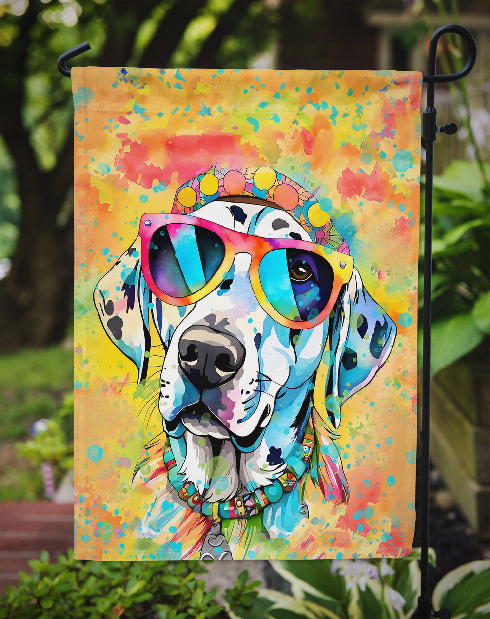 Dalmatian Hippie Dawg Garden Flag – Retro Dog with Sunglasses & Multicolored Background