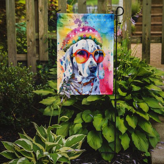 Dalmatian Hippie Dawg Garden Flag – Retro Dog with Sunglasses & Multicolored Background