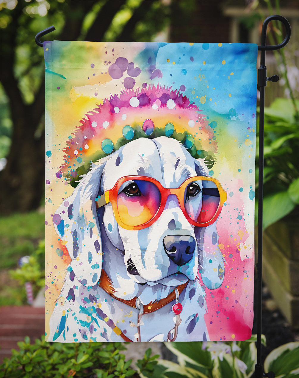 Dalmatian Hippie Dawg Garden Flag – Retro Dog with Sunglasses & Multicolored Background