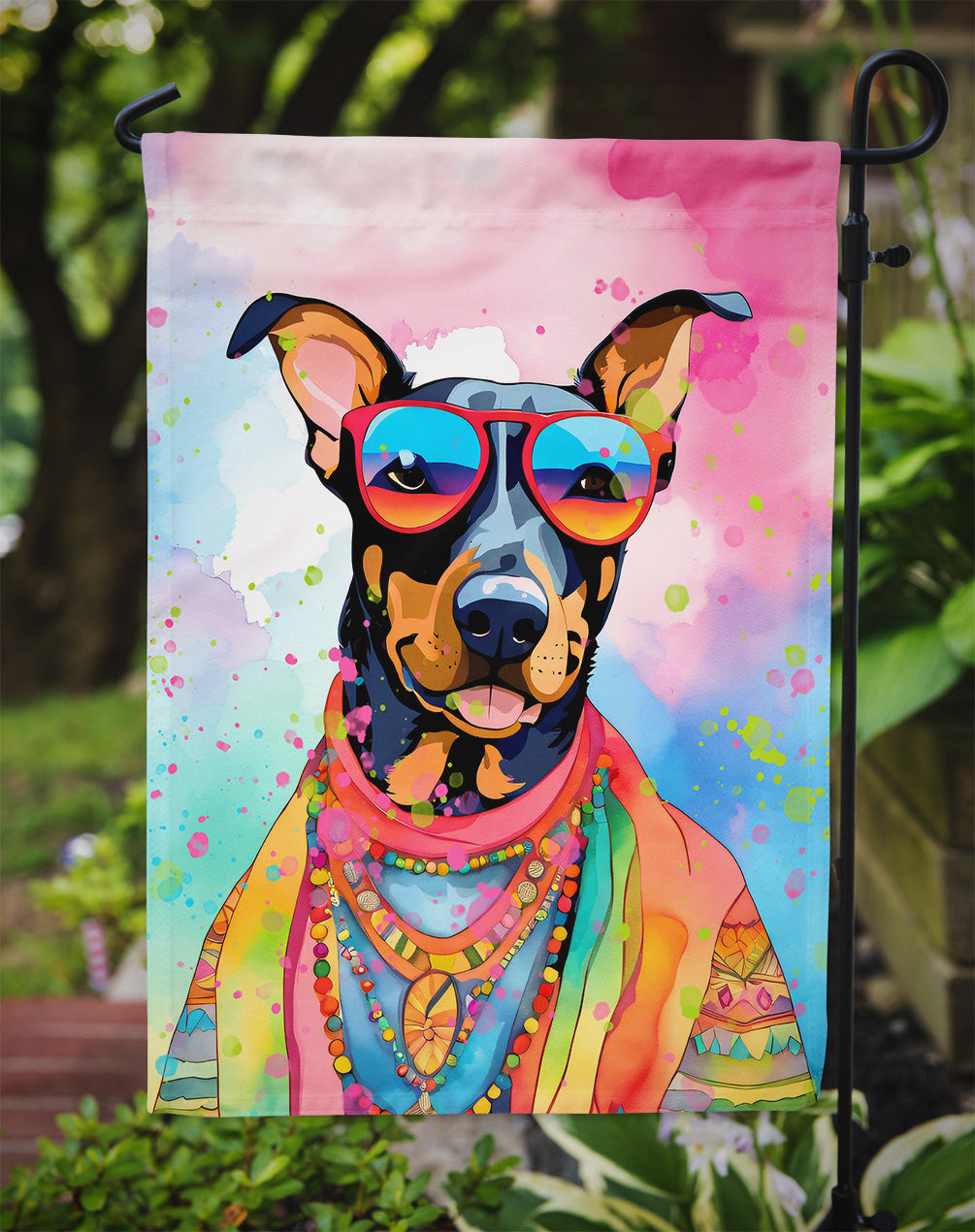 Doberman Pinscher Hippie Dawg Garden Flag – Retro Dog with Sunglasses & Multicolored Background