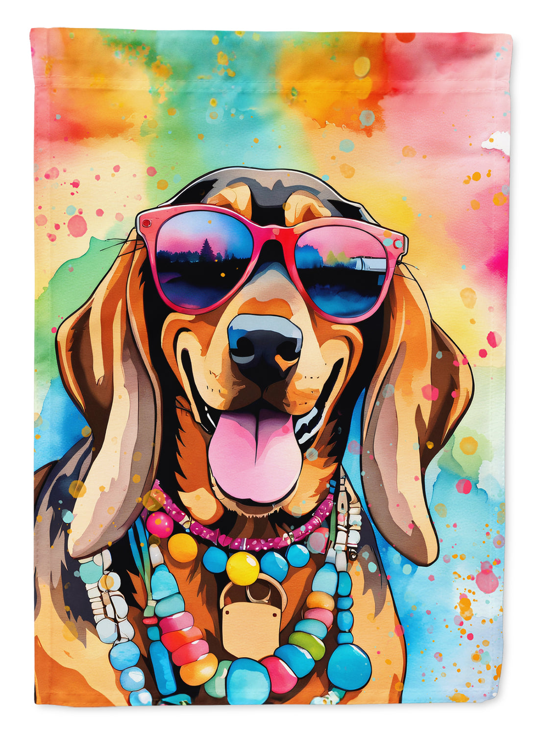 Doberman Pinscher Hippie Dawg Garden Flag – Retro Dog with Sunglasses & Multicolored Background