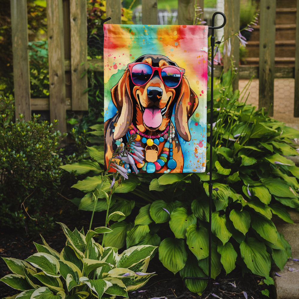 Doberman Pinscher Hippie Dawg Garden Flag – Retro Dog with Sunglasses & Multicolored Background