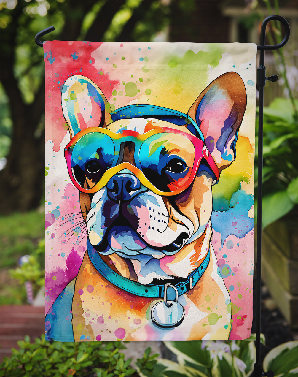French Bulldog Hippie Dawg Garden Flag – Retro Dog with Sunglasses & Multicolored Background