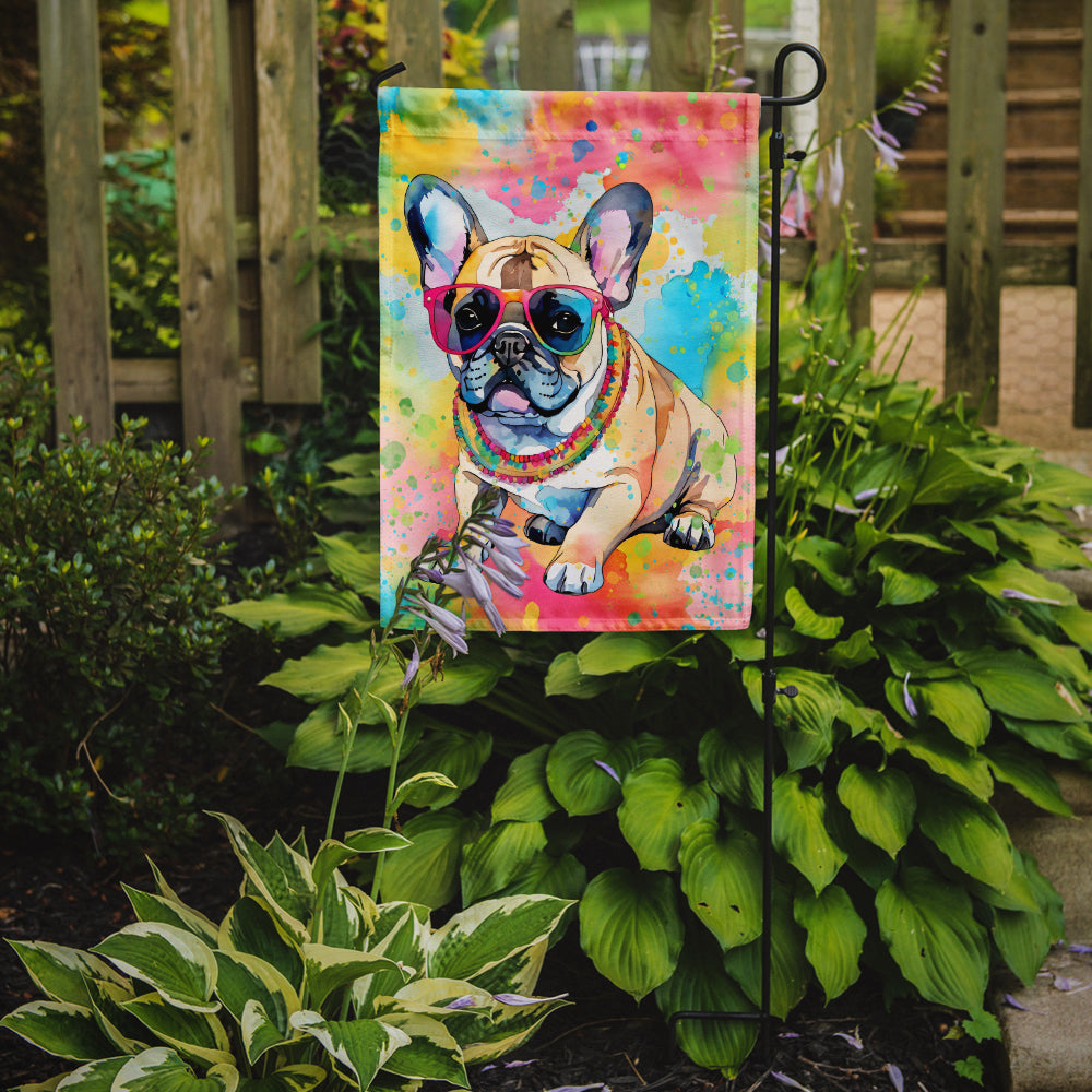 French Bulldog Hippie Dawg Garden Flag – Retro Dog with Sunglasses & Multicolored Background