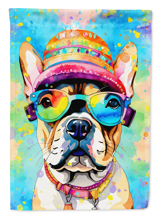 French Bulldog Hippie Dawg Garden Flag – Retro Dog with Sunglasses & Multicolored Background