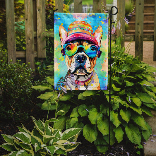 French Bulldog Hippie Dawg Garden Flag – Retro Dog with Sunglasses & Multicolored Background