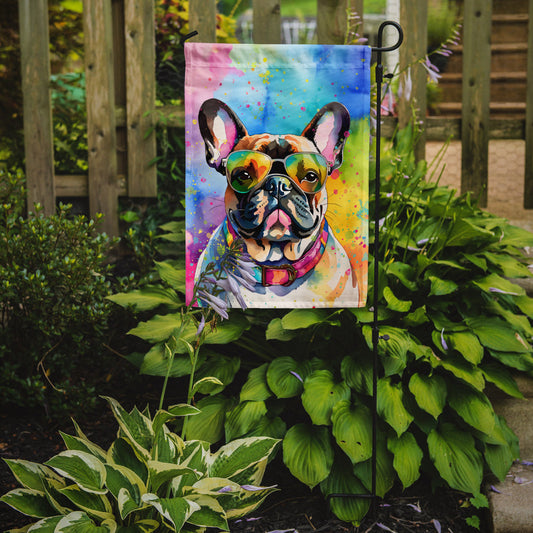 French Bulldog Hippie Dawg Garden Flag – Retro Dog with Sunglasses & Multicolored Background