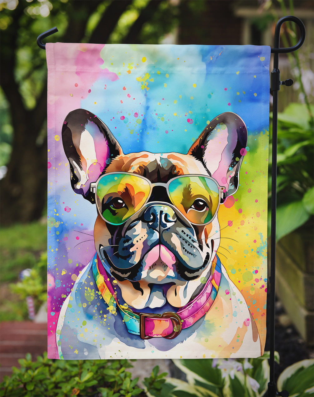 French Bulldog Hippie Dawg Garden Flag – Retro Dog with Sunglasses & Multicolored Background