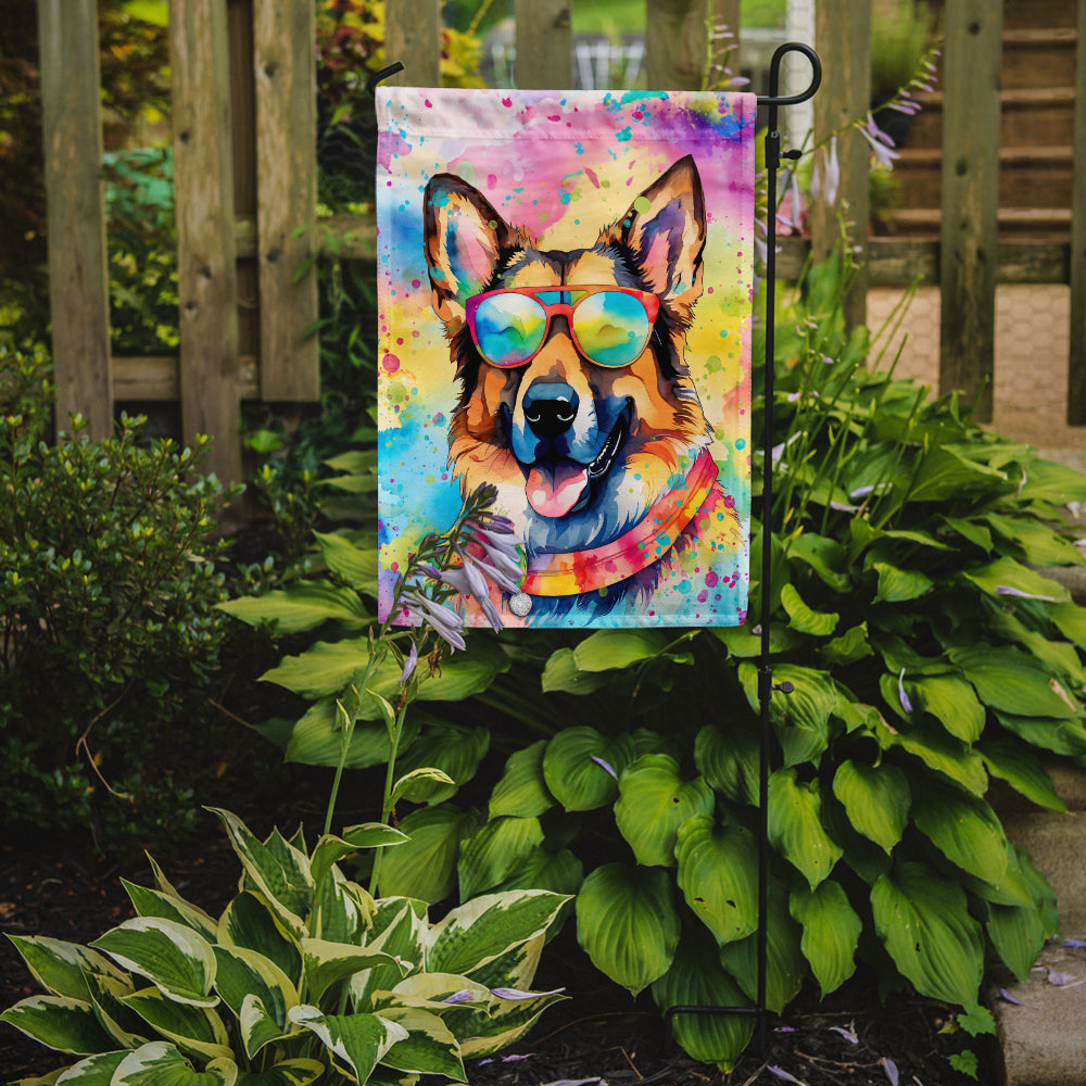 German Shepherd Hippie Dawg Garden Flag – Retro Dog with Sunglasses & Multicolored Background