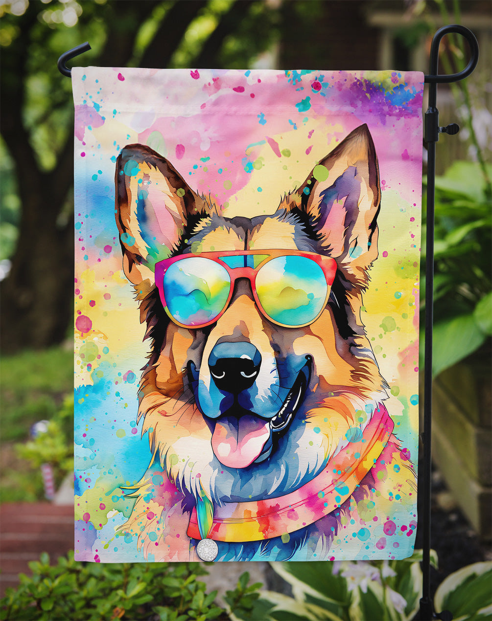 German Shepherd Hippie Dawg Garden Flag – Retro Dog with Sunglasses & Multicolored Background