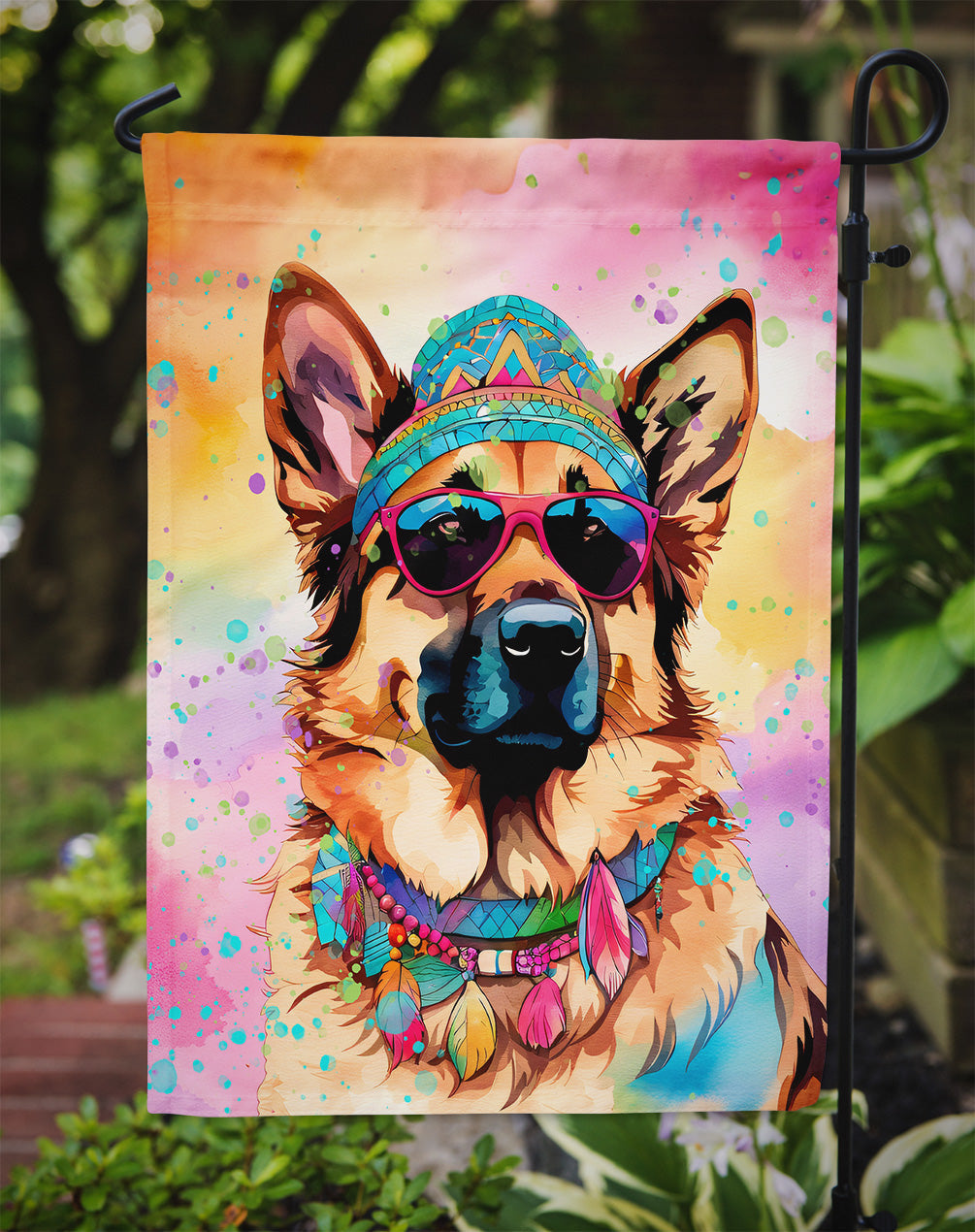 German Shepherd Hippie Dawg Garden Flag – Retro Dog with Sunglasses & Multicolored Background