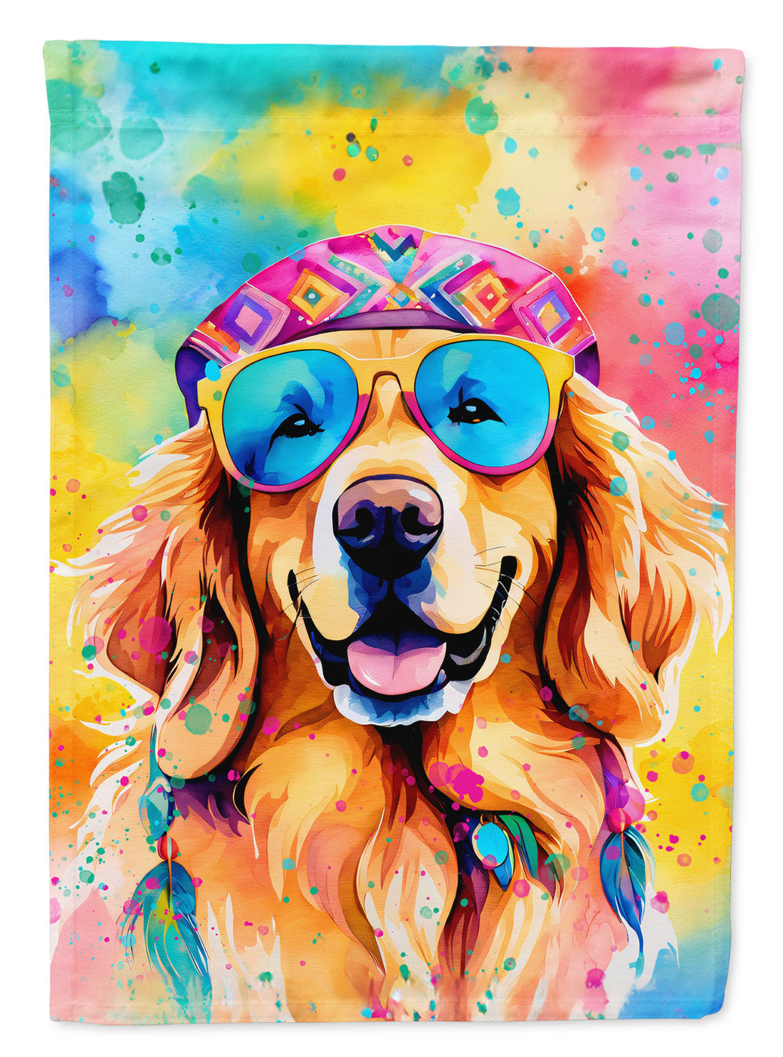 Golden Retriever Hippie Dawg Garden Flag – Retro Dog with Sunglasses & Multicolored Background
