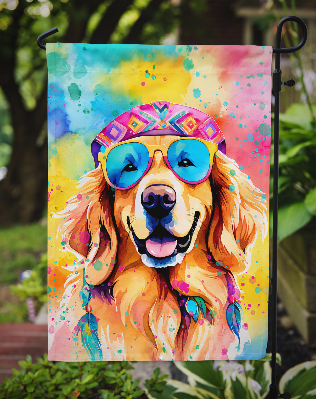 Golden Retriever Hippie Dawg Garden Flag – Retro Dog with Sunglasses & Multicolored Background