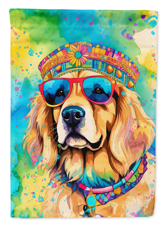 Golden Retriever Hippie Dawg Garden Flag – Retro Dog with Sunglasses & Multicolored Background