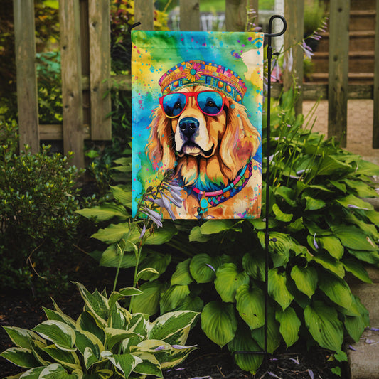Golden Retriever Hippie Dawg Garden Flag – Retro Dog with Sunglasses & Multicolored Background