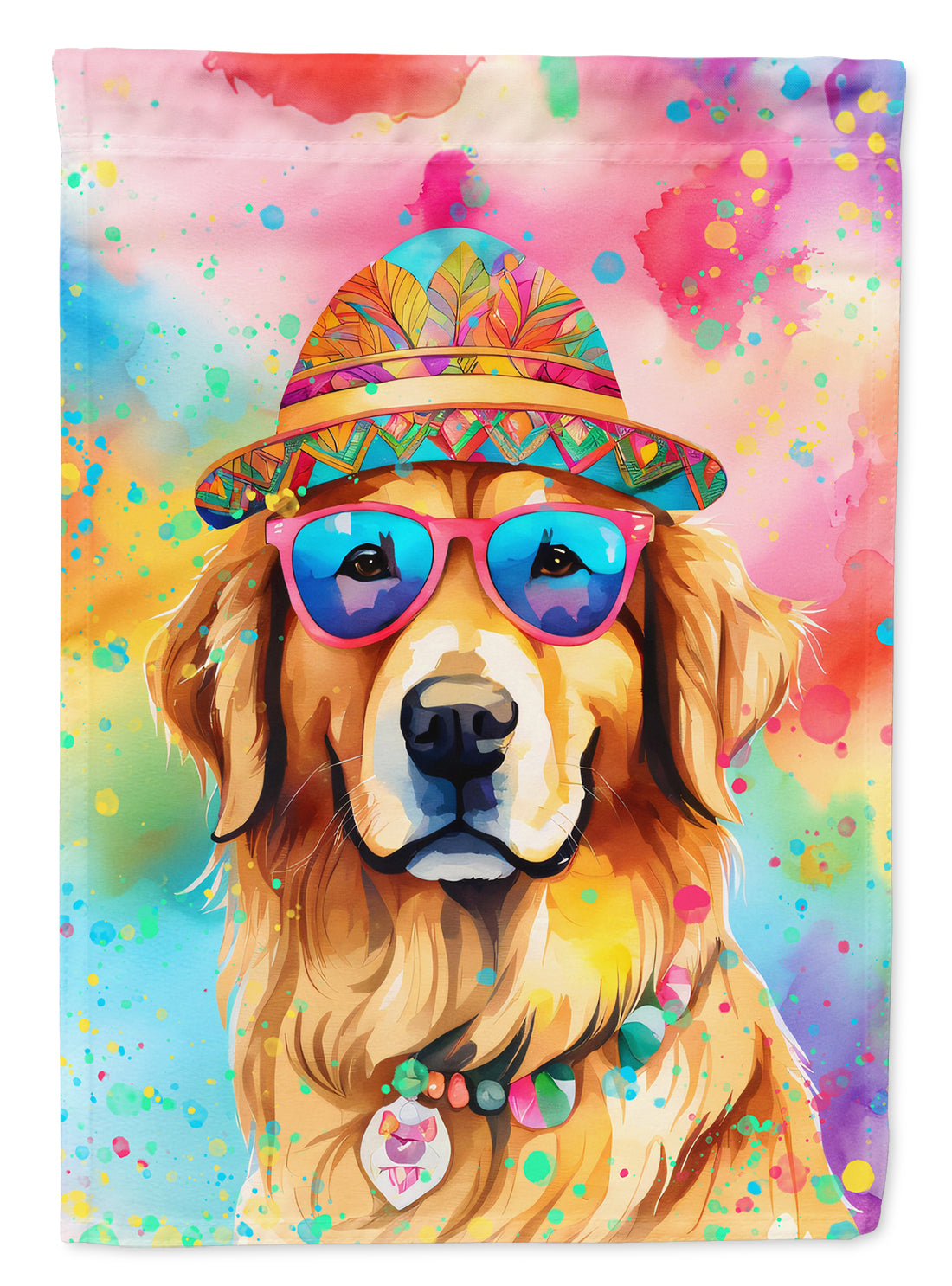 Golden Retriever Hippie Dawg Garden Flag – Retro Dog with Sunglasses & Multicolored Background