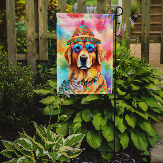 Golden Retriever Hippie Dawg Garden Flag – Retro Dog with Sunglasses & Multicolored Background