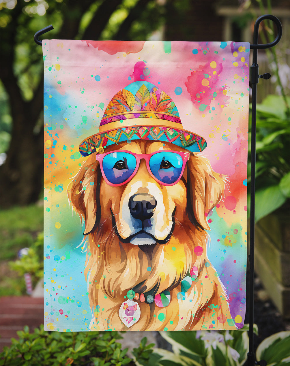 Golden Retriever Hippie Dawg Garden Flag – Retro Dog with Sunglasses & Multicolored Background