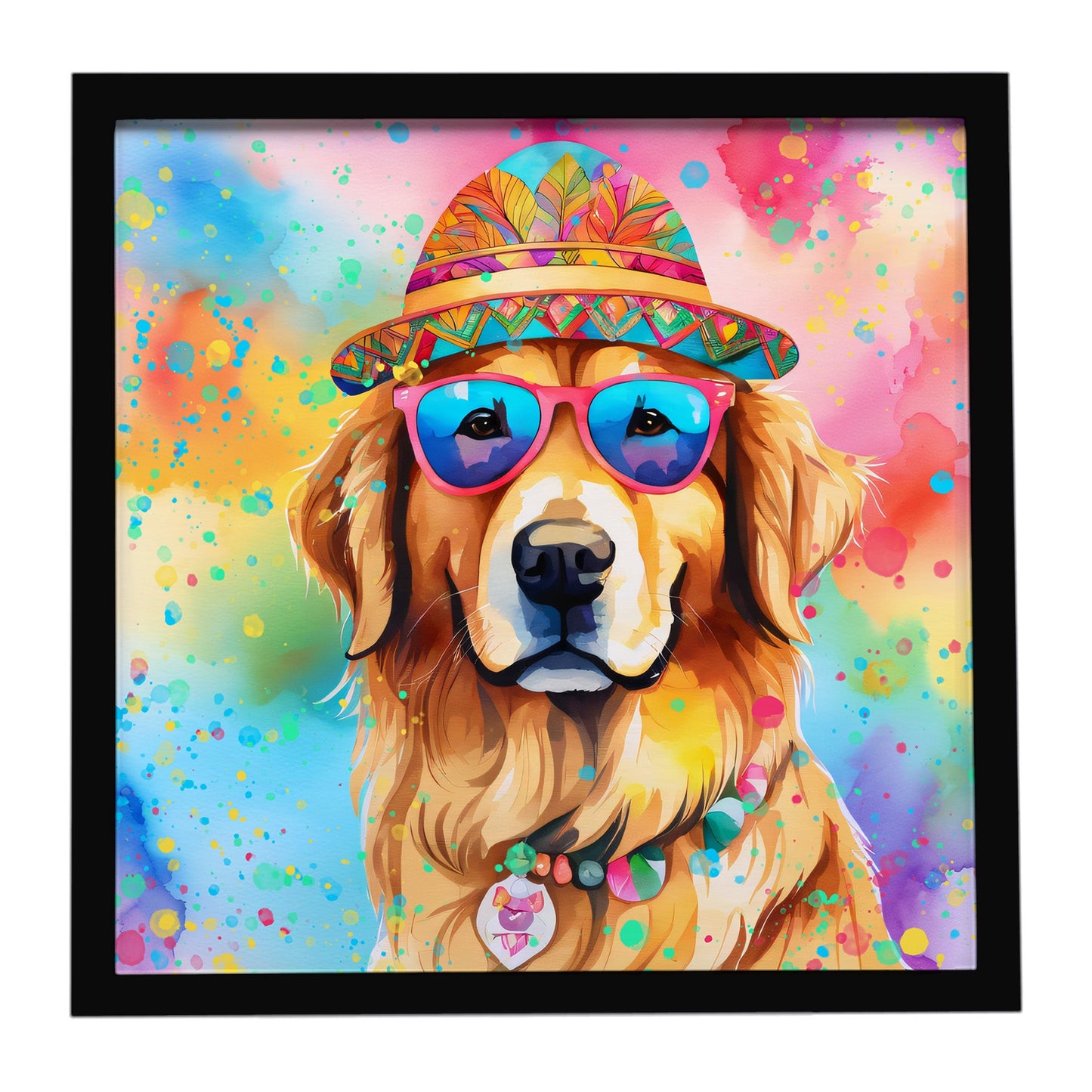 Golden Retriever Hippie Dawg Framed Metal Print