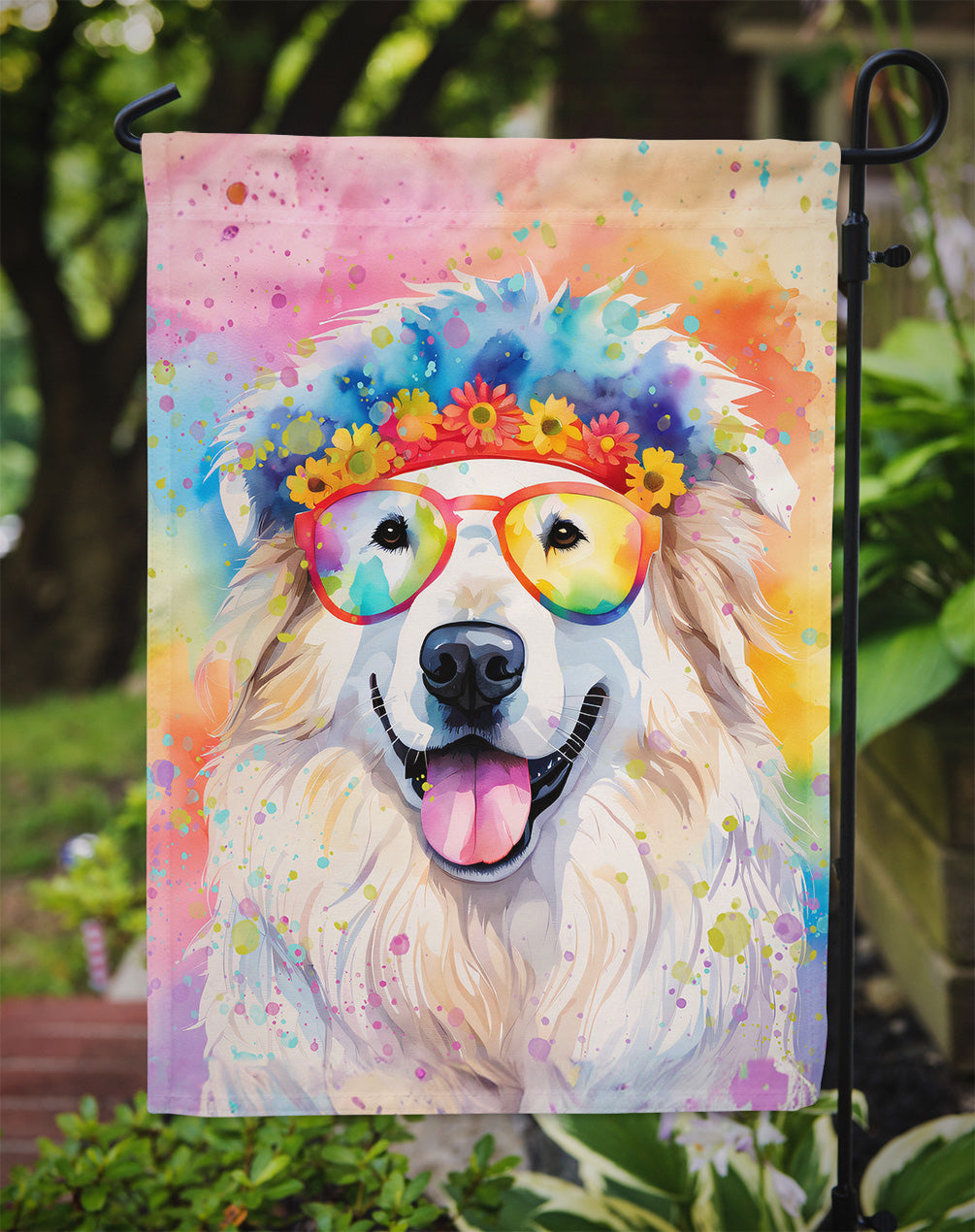 Great Pyrenees Hippie Dawg Garden Flag – Retro Dog with Sunglasses & Multicolored Background