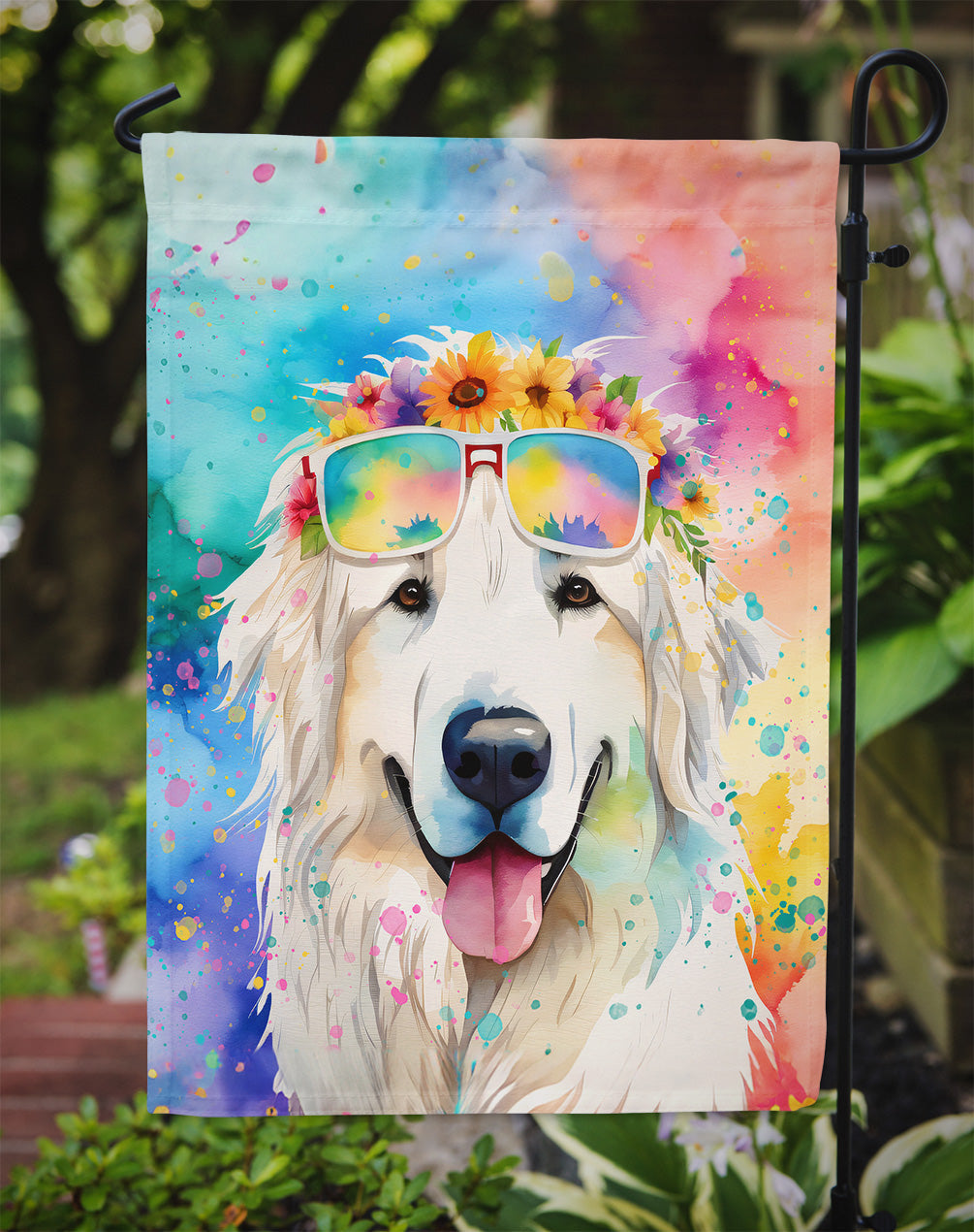 Great Pyrenees Hippie Dawg Garden Flag – Retro Dog with Sunglasses & Multicolored Background