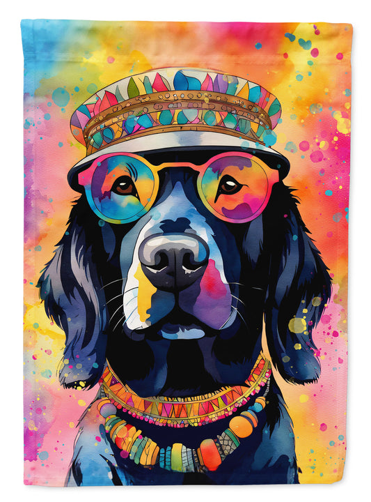 Black Labrador Hippie Dawg Garden Flag – Retro Dog with Sunglasses & Multicolored Background