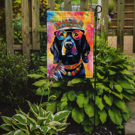 Black Labrador Hippie Dawg Garden Flag – Retro Dog with Sunglasses & Multicolored Background