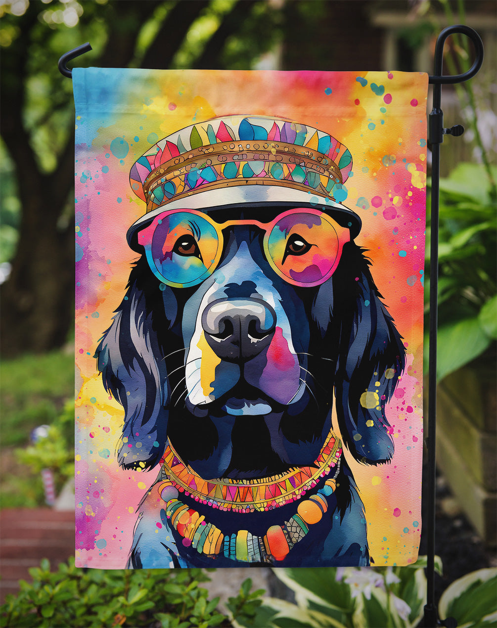 Black Labrador Hippie Dawg Garden Flag – Retro Dog with Sunglasses & Multicolored Background
