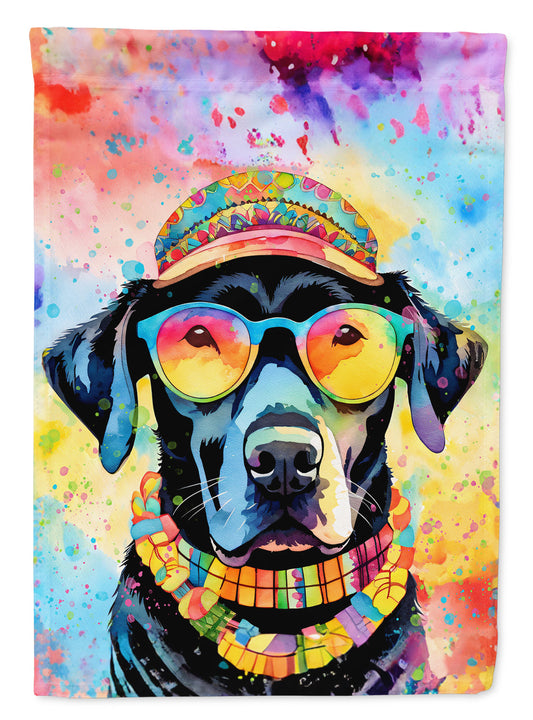 Black Labrador Hippie Dawg Garden Flag – Retro Dog with Sunglasses & Multicolored Background
