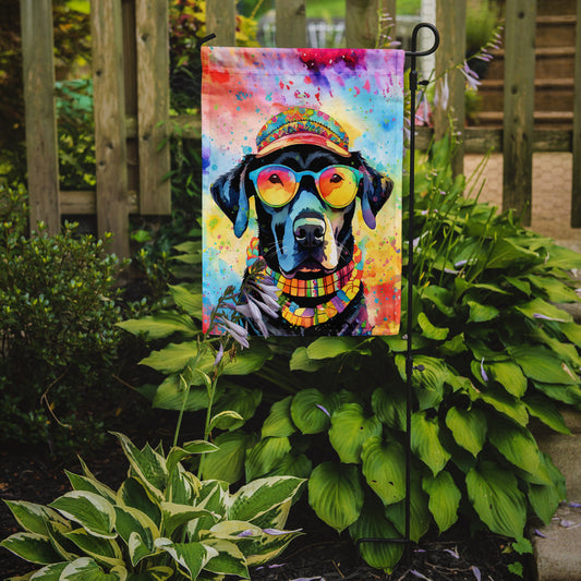 Black Labrador Hippie Dawg Garden Flag – Retro Dog with Sunglasses & Multicolored Background