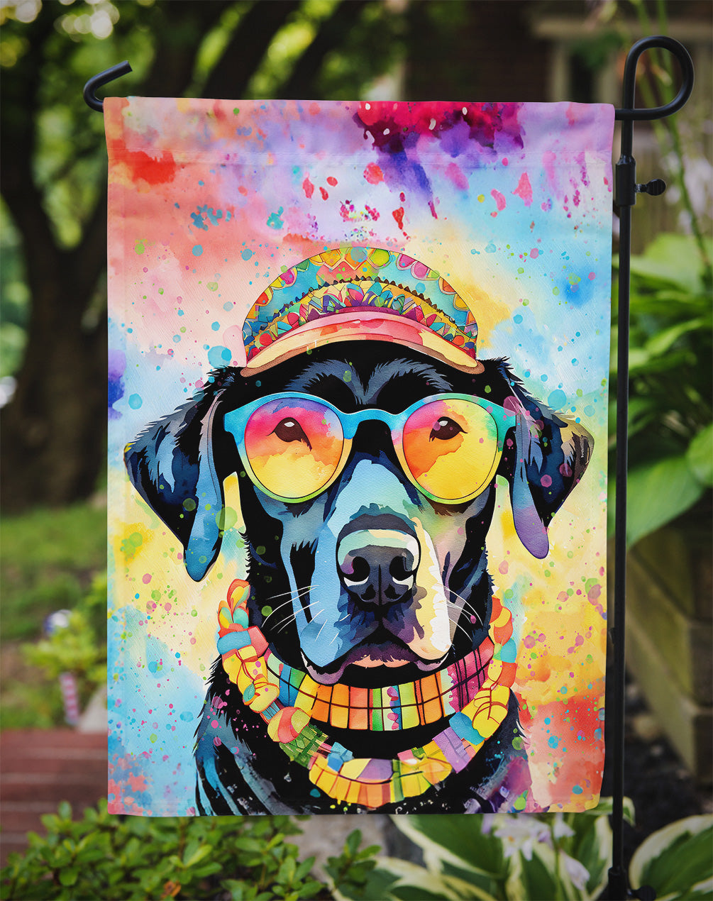 Black Labrador Hippie Dawg Garden Flag – Retro Dog with Sunglasses & Multicolored Background