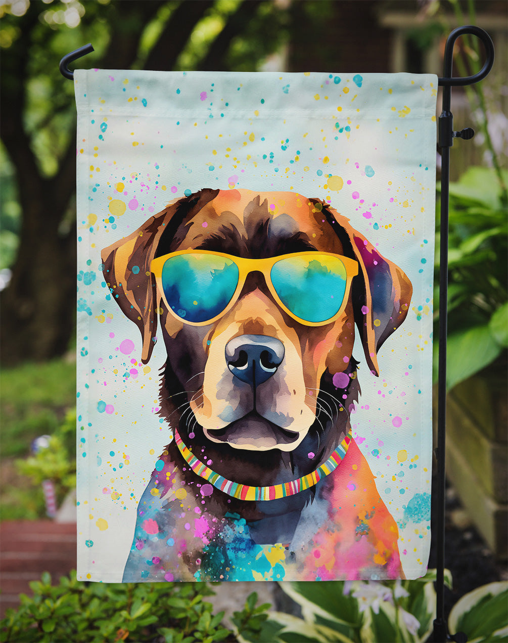 Chocolate Labrador Hippie Dawg Garden Flag – Retro Dog with Sunglasses & Multicolored Background
