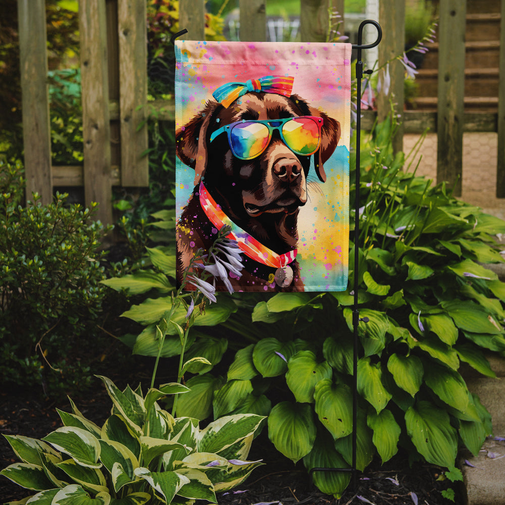 Chocolate Labrador Hippie Dawg Garden Flag – Retro Dog with Sunglasses & Multicolored Background