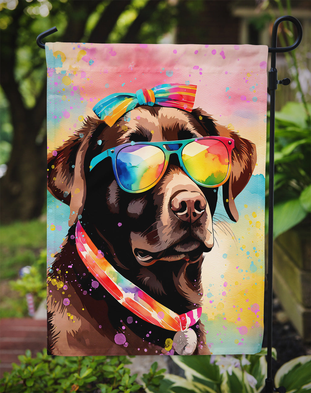Chocolate Labrador Hippie Dawg Garden Flag – Retro Dog with Sunglasses & Multicolored Background