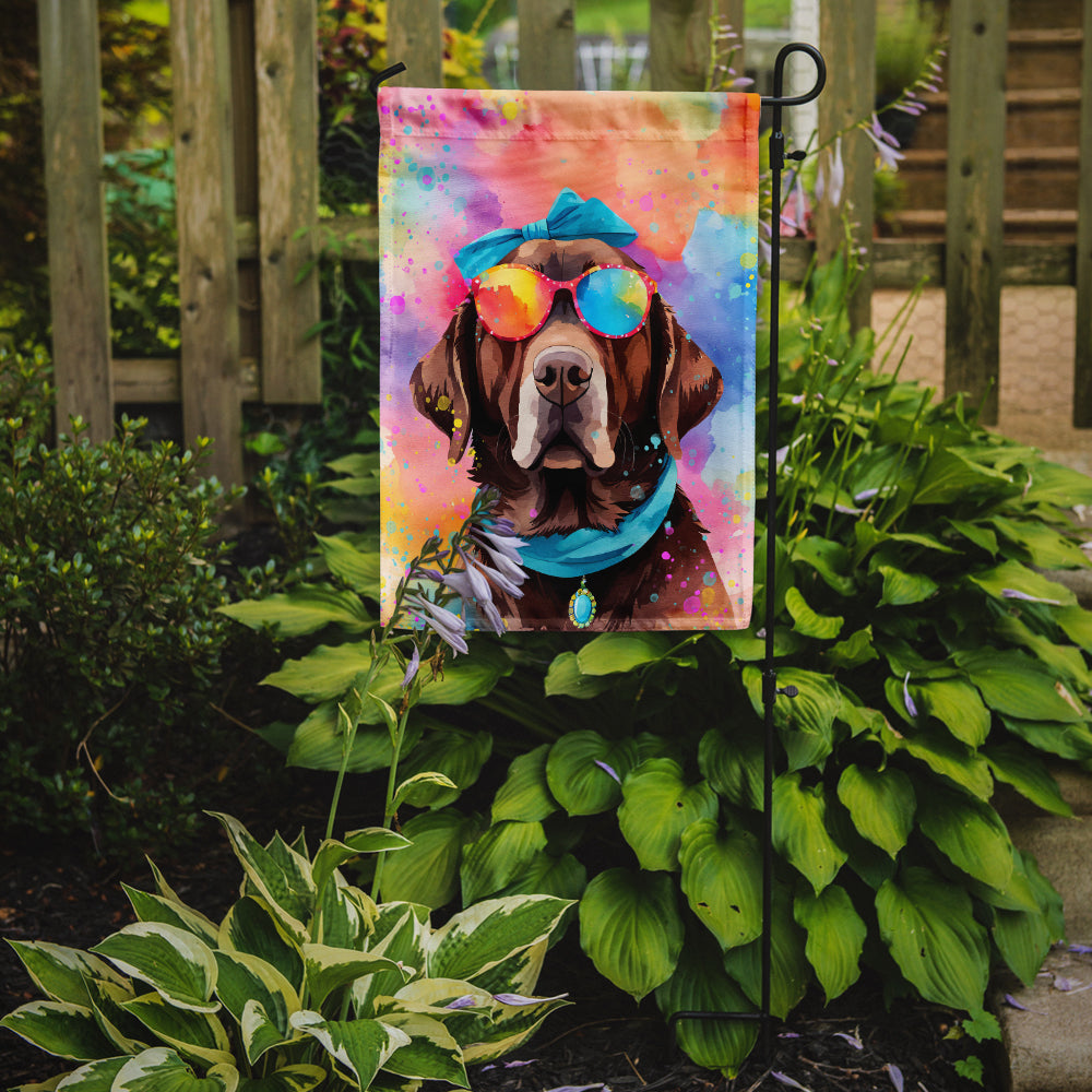Chocolate Labrador Hippie Dawg Garden Flag – Retro Dog with Sunglasses & Multicolored Background