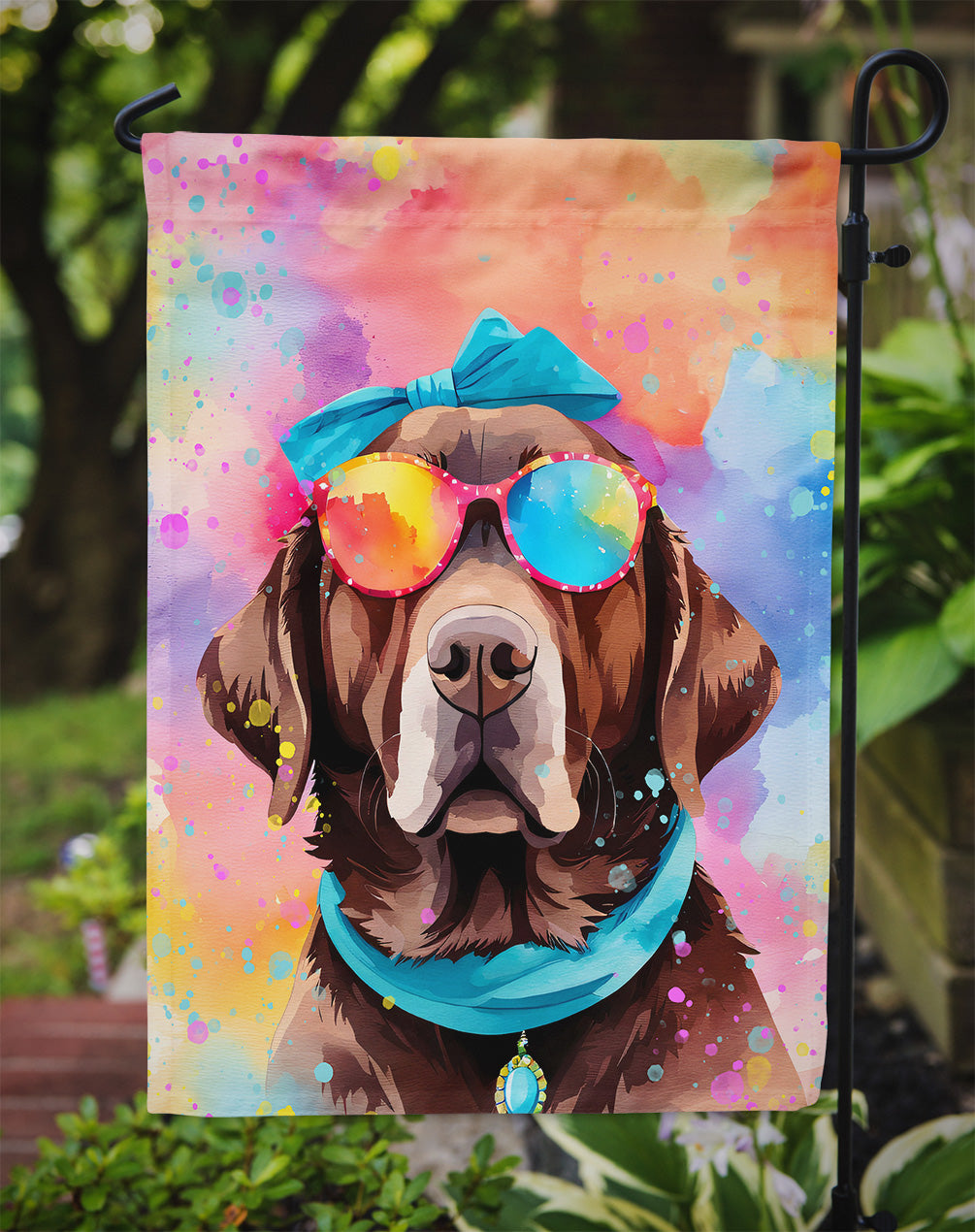 Chocolate Labrador Hippie Dawg Garden Flag – Retro Dog with Sunglasses & Multicolored Background