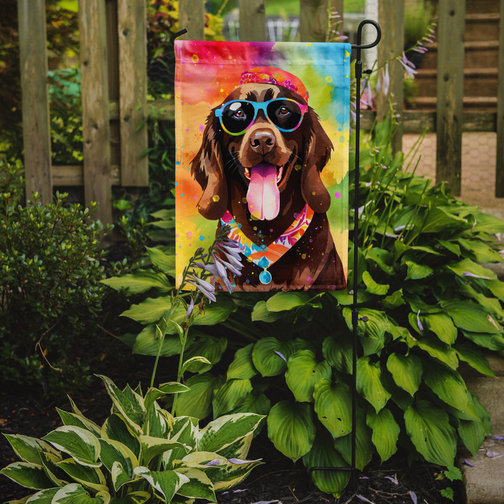 Chocolate Labrador Hippie Dawg Garden Flag – Retro Dog with Sunglasses & Multicolored Background