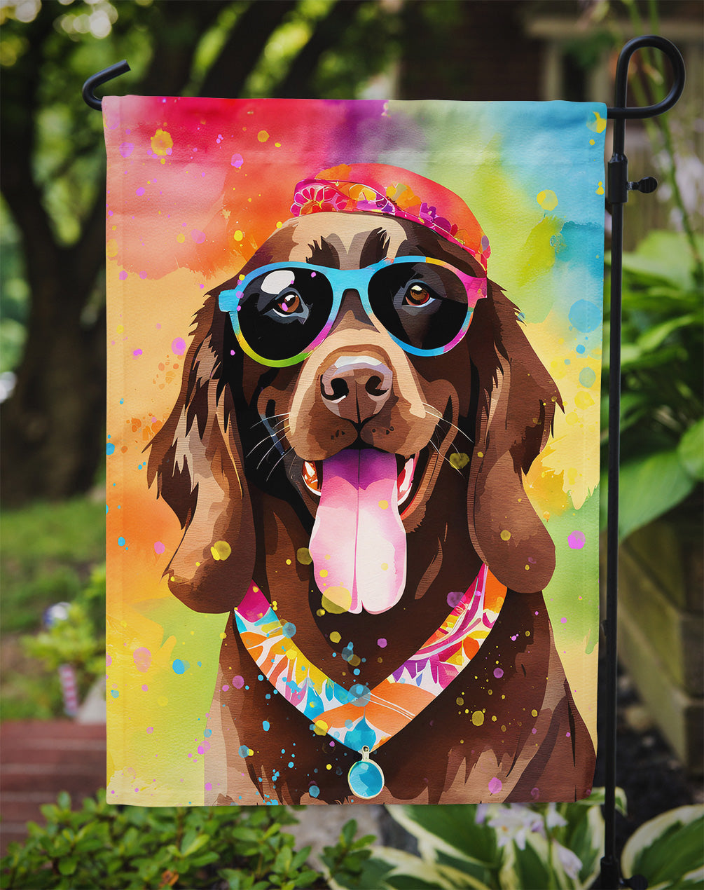 Chocolate Labrador Hippie Dawg Garden Flag – Retro Dog with Sunglasses & Multicolored Background
