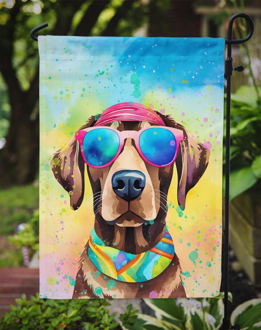 Chocolate Labrador Hippie Dawg Garden Flag – Retro Dog with Sunglasses & Multicolored Background