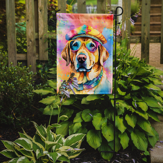 Yellow Labrador Hippie Dawg Garden Flag – Retro Dog with Sunglasses & Multicolored Background