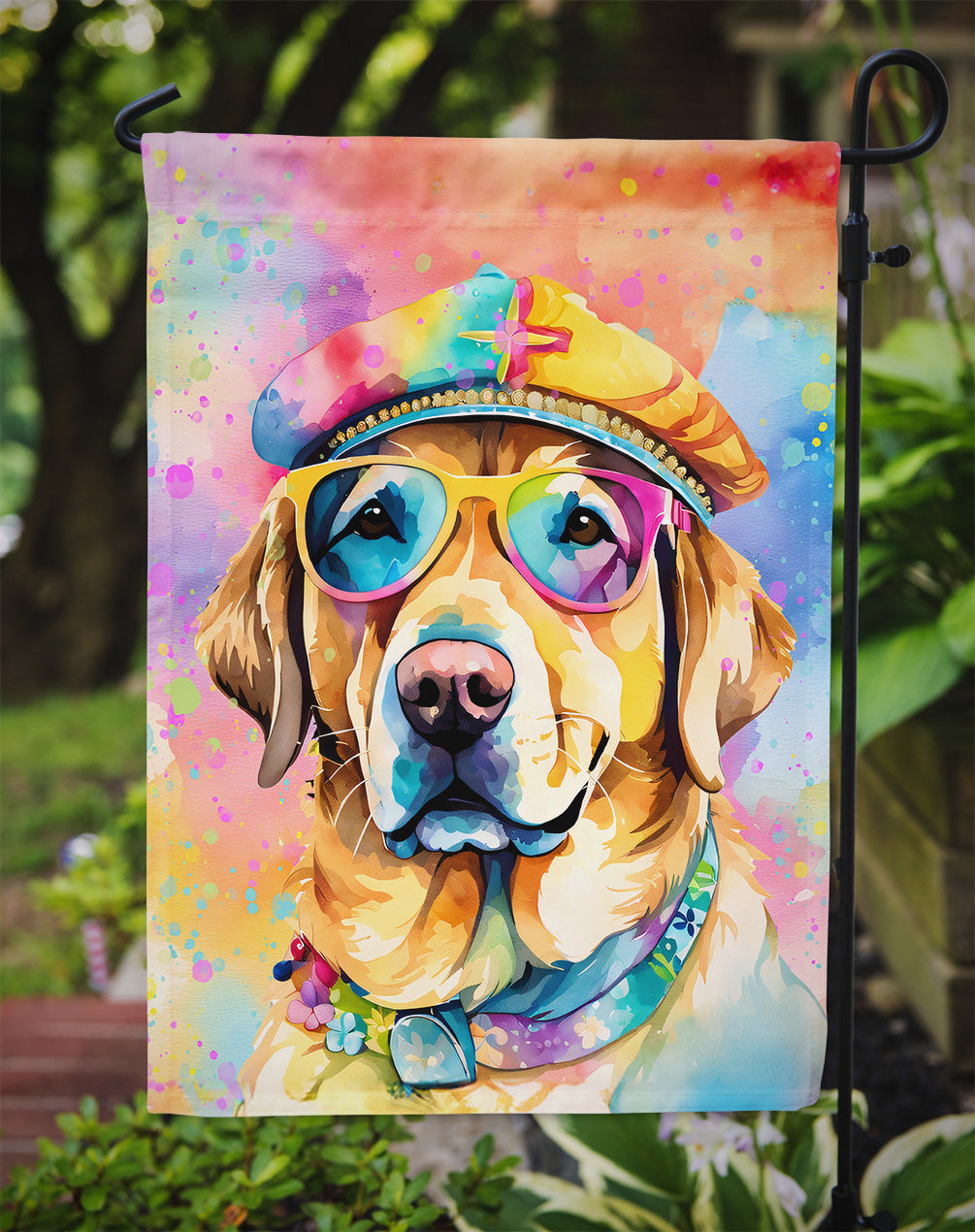 Yellow Labrador Hippie Dawg Garden Flag – Retro Dog with Sunglasses & Multicolored Background