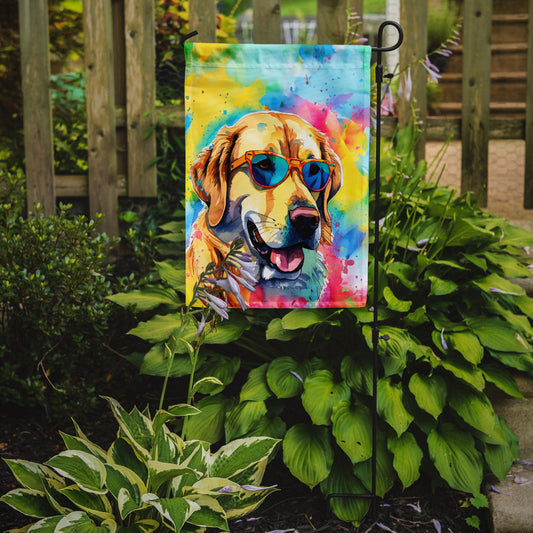 Yellow Labrador Hippie Dawg Garden Flag – Retro Dog with Sunglasses & Multicolored Background