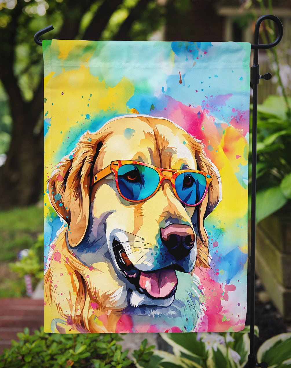 Yellow Labrador Hippie Dawg Garden Flag – Retro Dog with Sunglasses & Multicolored Background