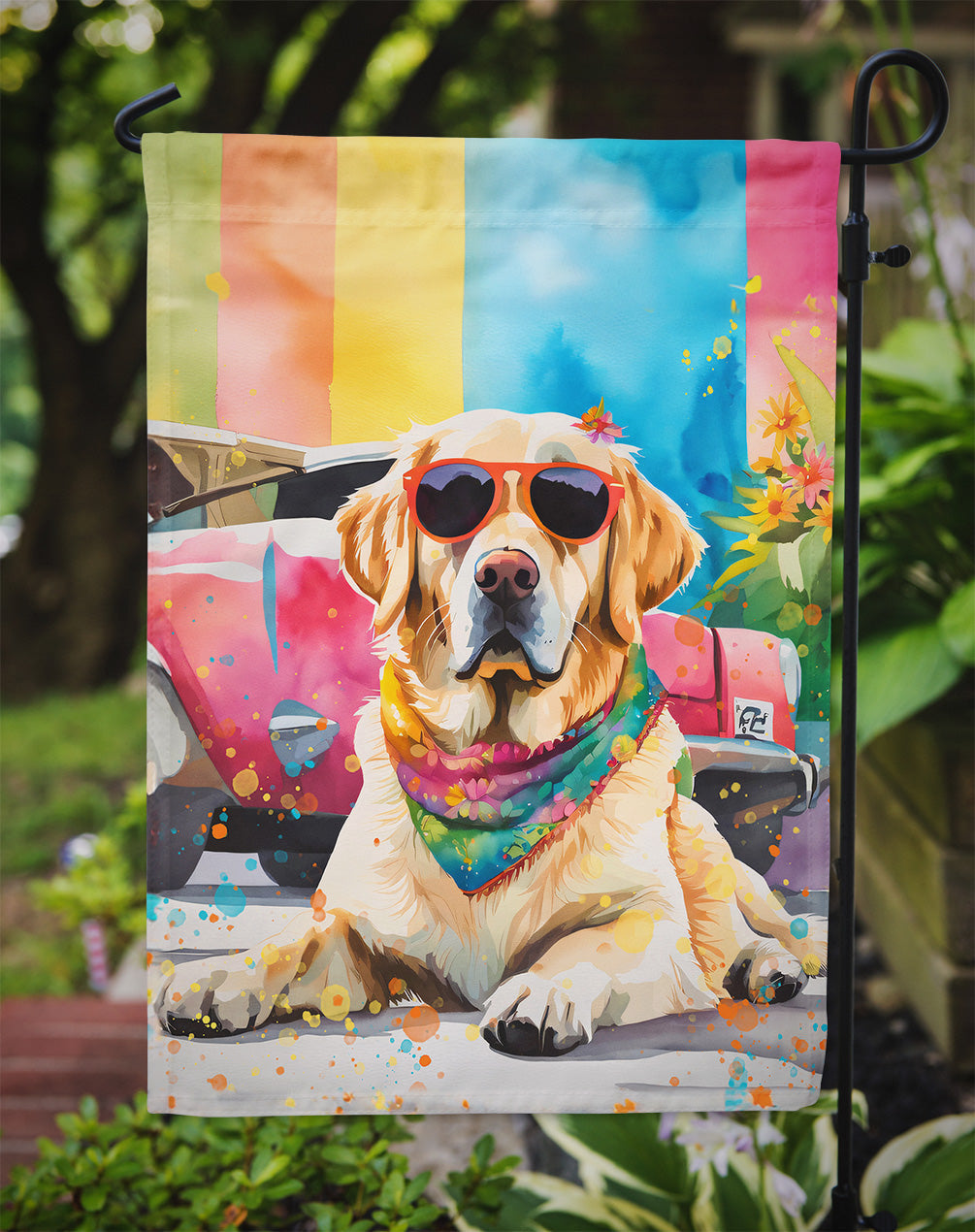Yellow Labrador Hippie Dawg Garden Flag – Retro Dog with Sunglasses & Multicolored Background