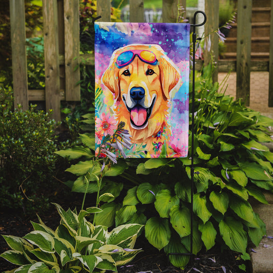 Yellow Labrador Hippie Dawg Garden Flag – Retro Dog with Sunglasses & Multicolored Background