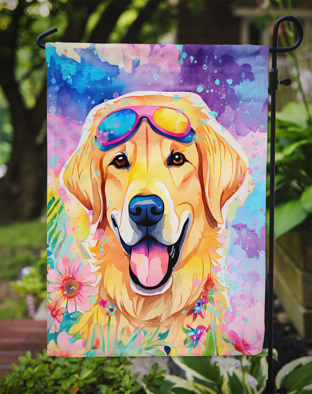 Yellow Labrador Hippie Dawg Garden Flag – Retro Dog with Sunglasses & Multicolored Background