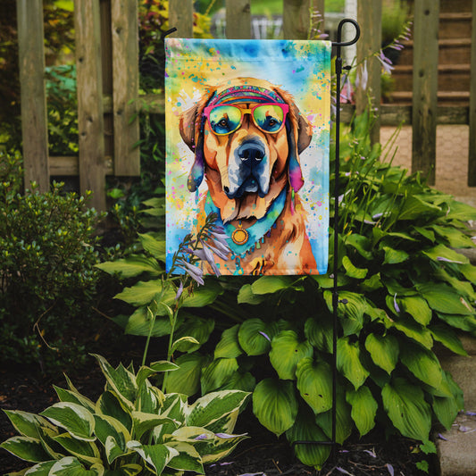 Mastiff Hippie Dawg Garden Flag – Retro Dog with Sunglasses & Multicolored Background