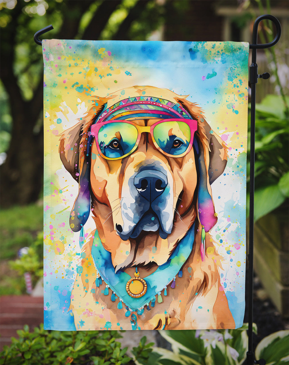 Mastiff Hippie Dawg Garden Flag – Retro Dog with Sunglasses & Multicolored Background